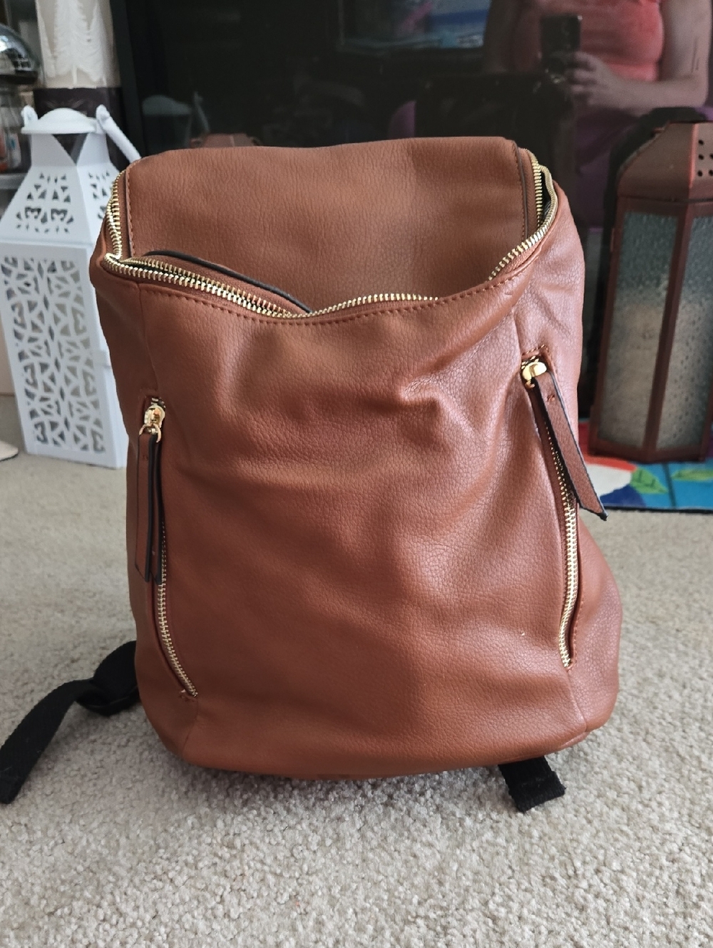 Clarks Tan Brown Faux Leather Backpack with Gold Zippers